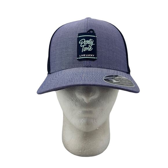 Black Clover Hat Mens Snapback Mesh Trucker Party Time Woven Patch Indigo Navy - Picture 1 of 14